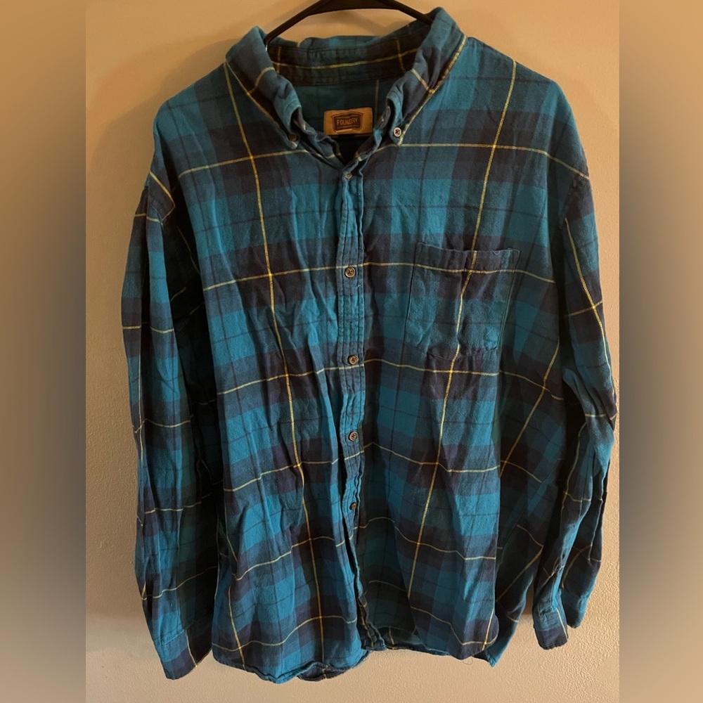 The Foundry Supply Co Men XLT Button Long Sleeve Shirt Blue Checkered Plaid